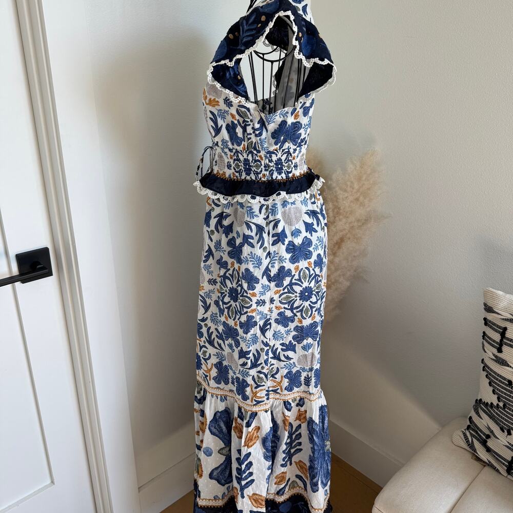 Caroline Constas Blue Floral Tapestry Smocked Ruffle Maxi Dress V-Neck Cottage - Picture 4 of 10